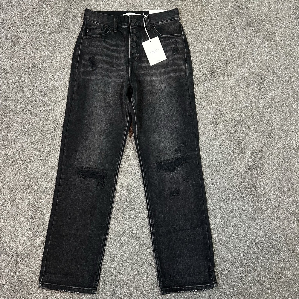 KanCan Jeans Womens 5/26 Black Distressed High Rise Button Fly Straight NWT